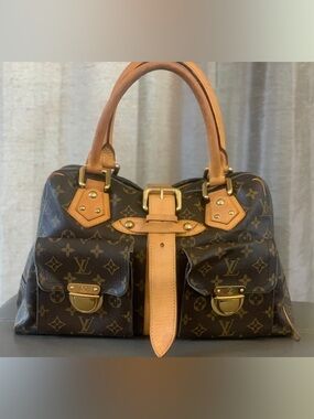 Louis Vuitton Manhattan Mono Canvas Dual Pocket Satchel in Brown & Tan authentic